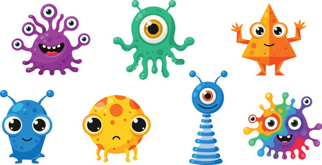 Cute colorful cartoon monsters, funny aliens with big eyes, fantasy creatures, kids illustration, character design, Halloween, playful fantasy clipart