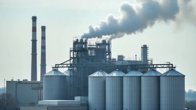 Modern factory for grain storage. Massive smoke from industrial plant. Large silver containers for drying grains. Pollution the environment.