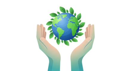Hands holding the earth surrounded by green leaves, isolated on transparent background