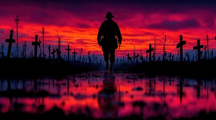 Silhouette of a soldier honoring fallen heroes at sunset among cemetery crosses, solemn tribute scene