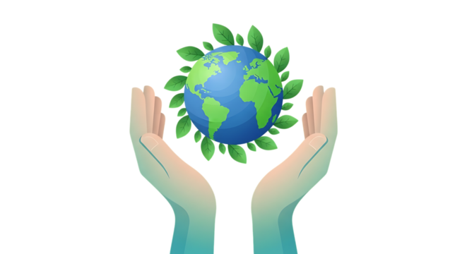 Hands holding the earth surrounded by green leaves, isolated on transparent background