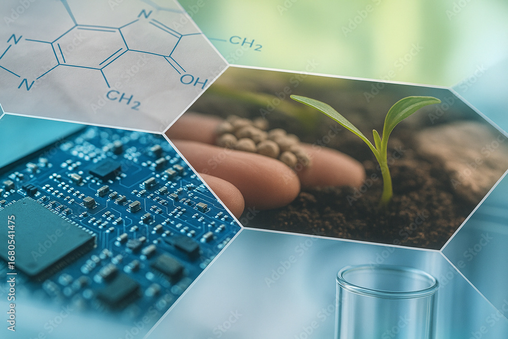 Poster ai generated conceptual art combining molecular structure seed growth and electronic circuit board i