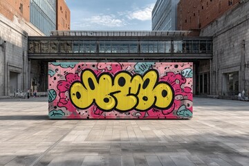 Graffiti-covered container in urban plaza