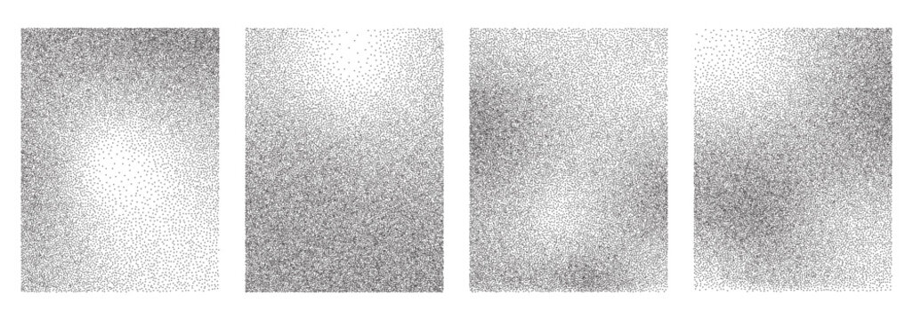 Noise gradient texture backgrounds set. Vector dotwork monochrome patterns collection. Abstract grain noise gradient posters. Black and white gradation overlay. Dotted grunge banners.