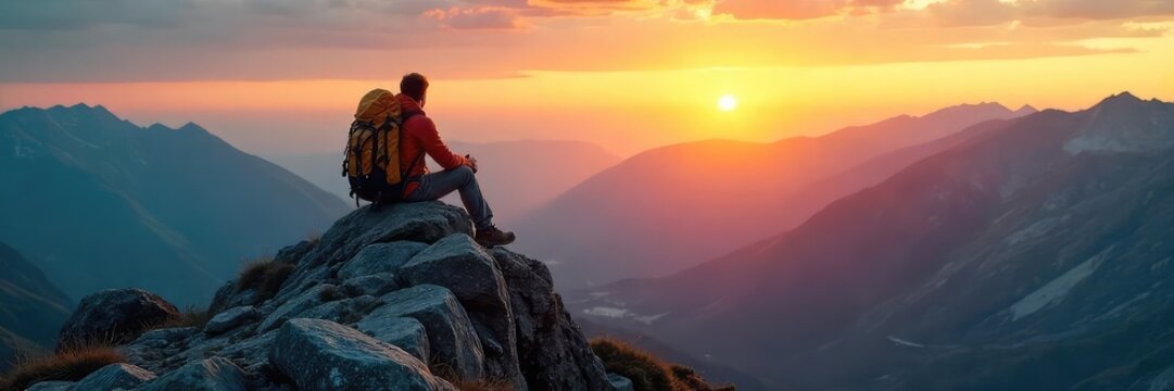 A lone backpack sits atop a rocky mountain summit, overlooking a vast valley The sun sets, casting a golden light on the landscape A sense of adventure and solitude prevails , serenity, terrain