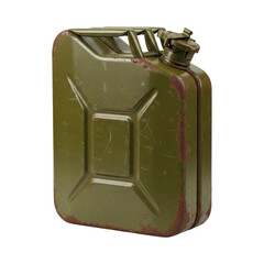 Rusty green metal jerry can with cap on transparent background