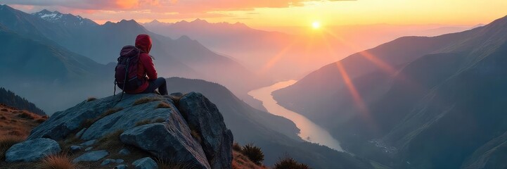 Fototapeta premium A lone backpack sits on a rocky peak overlooking a vast, misty valley at sunrise, embodying the thrill of adventure travel , journey, wanderlust
