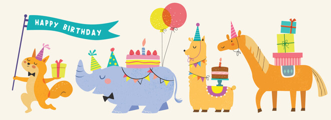 Happy birthday collection with cartoon character animals. Birthday party vector illustration for greeting card, invitation, event, poster, sticker, prints.


