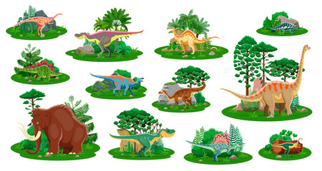 Prehistoric dinosaurs and cartoon dino lizard characters of Jurassic era and Ice Age, vector toys. Kids paleontology collection of prehistoric funny dinosaur lizards, mammoth and extinct animals