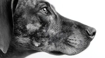 Close-up black and white portrait of a dog's face. the dog appears to be a doberman pinscher, with a long, slender body and pointed ears.