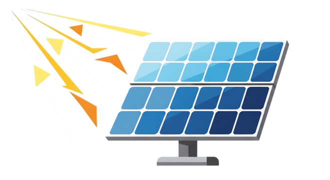 Solar panel receiving sunlight, isolated on transparent background