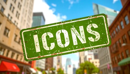 Green rectangular sign, distressed texture, reads "ICONS," city backdrop