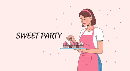 Woman Presenting Cupcakes on a Tray For a Sweet Party in a Pastel Tone