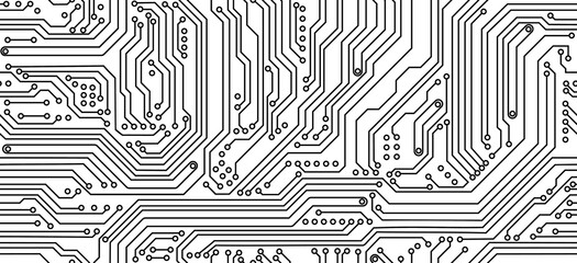 Circuit board pattern featuring black and white intricate lines and connection points, resembling electronic pathways and high tech components in a schematic layout. Vector technological background
