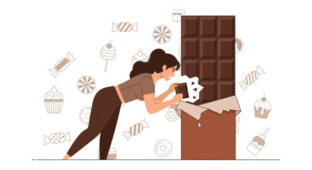 Woman Preparing To Break A Huge Chocolate Bar And Enjoy Sweets Illustration