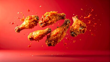 Crispy fried chicken pieces in mid-air