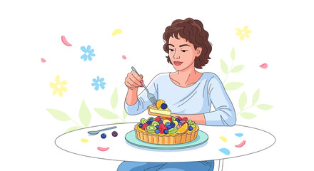 Woman Relishing Fruit Tart, A Delightful Dessert Experience on a White Table