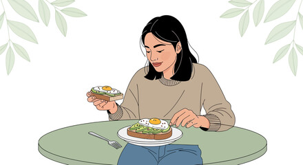 Woman Relishing Healthy Breakfast: Avocado Toast Delight In Modern Illustration