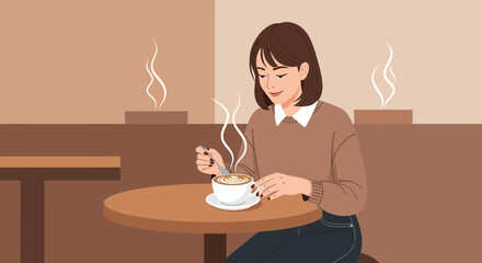 Woman Savors Her Coffee at a Cozy Cafe, Enjoying a Moment of Solitude and Bliss