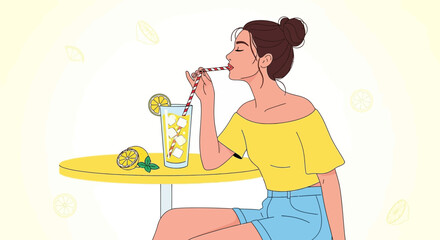 Woman Savoring Refreshing Lemonade Offers Blissful Moments of Summer Enjoyment