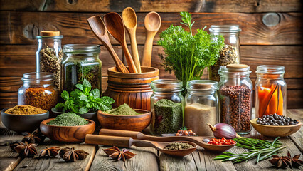 rustic kitchen scene flat lay with jars of spices and wooden spoons