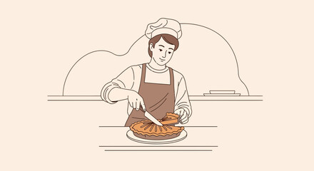 Young Baker Slicing Pie, Demonstrating Perfect Baking Skills, Culinary Illustration