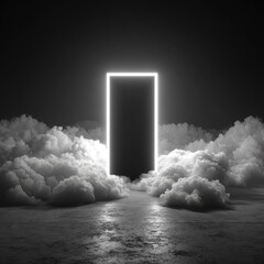 Glowing rectangle in clouds; dark, mysterious scene