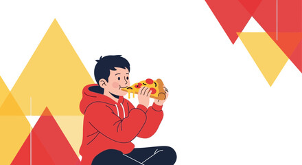 Young Person Joyfully Eating Pizza Slice, Enjoying Delicious Food, Tasty Meal Concept Graphic Design