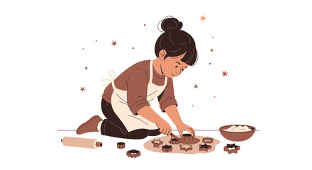 Young Person Kneeling and Cutting Cookie Dough into Star Shapes for Baking Activities