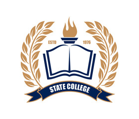 University state college icon. Vector classic academic emblem featuring an open book, flaming torch, laurel wreath, and ribbon in blue and gold, symbolizes knowledge, tradition, educational excellence