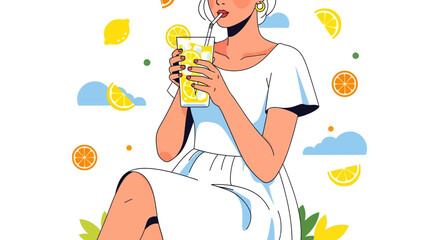 Young Woman Enjoying A Refreshing Lemonade Against A Colorful Backdrop