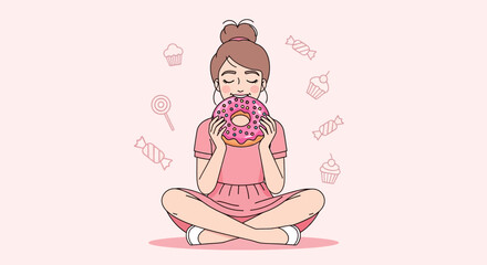 Young Woman Enjoying Sweet Treat While Meditating In A Peaceful Meditative Pose