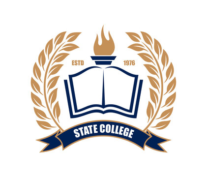 University state college icon. Vector classic academic emblem featuring an open book, flaming torch, laurel wreath, and ribbon in blue and gold, symbolizes knowledge, tradition, educational excellence
