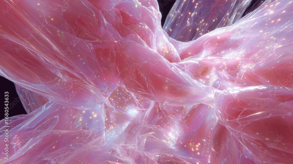 Poster abstract digital art piece that appears to be made up of multiple layers of pink and white lines and