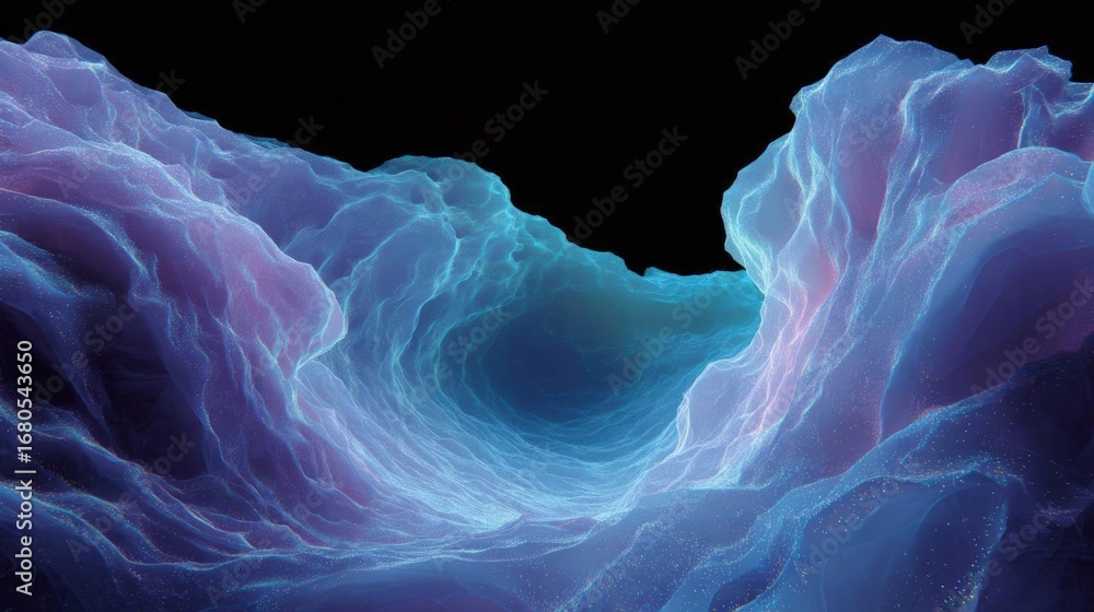 Poster abstract digital art piece that appears to be a 3d rendering of a wave-like structure. the wave is m