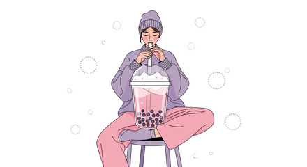 Young Woman Sipping Refreshing Boba Drink: A Stylish and Relaxing Illustration