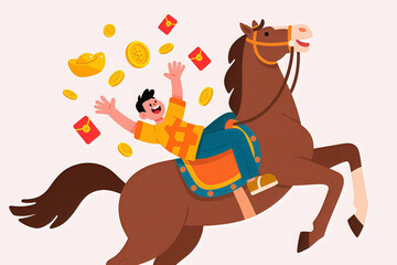 A flat and minimalist illustration with the concept of "Wealth and prosperity coming soon in the Year of the Horse"