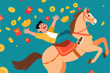 A flat and minimalist illustration with the concept of "Wealth and prosperity coming soon in the Year of the Horse"