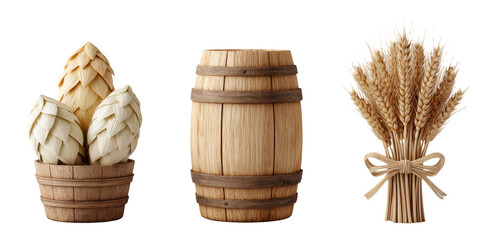 Wooden Decorations Featuring Barrels, Wheat, and Pine Cones