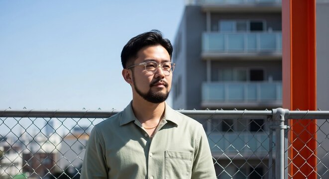 Young Asian Man Looking Upward on City Rooftop | Portrait of Thoughtful Millennial with Glasses for Urban Lifestyle and Personal Development