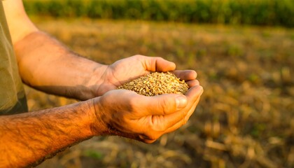 Farmer's hands cupped, holding a small amount of harvested grain, in a field