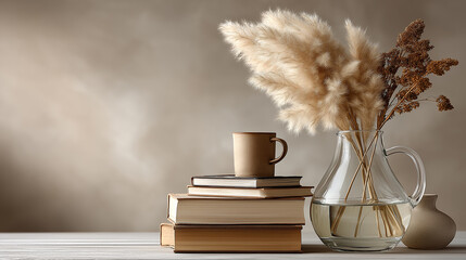Scandinavian coffee table with stack of books and dried pampas grass in glass vase — blank wall with large open space for design insertion