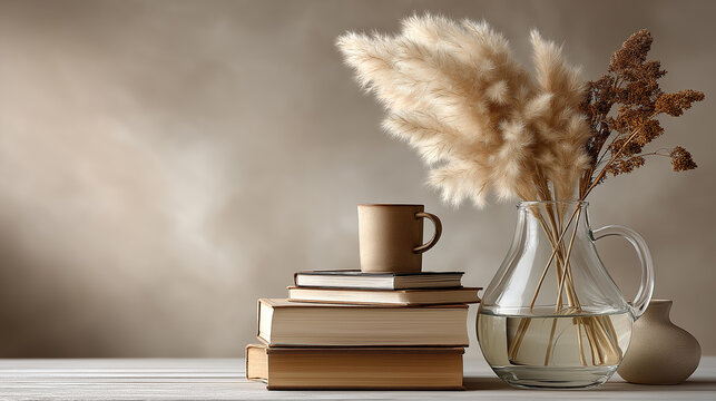 Scandinavian coffee table with stack of books and dried pampas grass in glass vase — blank wall with large open space for design insertion