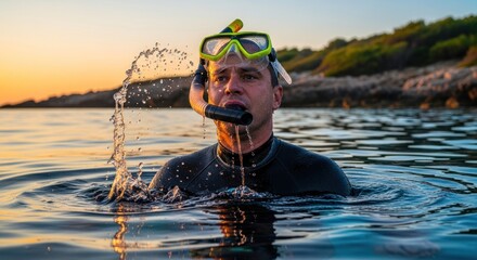 A man in a wetsuit and snorkeling gear, standing in the ocean at sunset.
