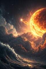 A large orange planet rising over dark stormy clouds and turbulent ocean waves