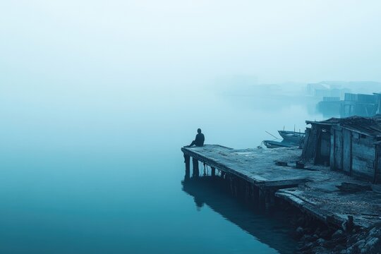A solitary figure contemplating the calm waters of a tranquil pier in a moody, atmospheric scene