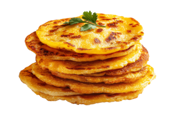 Cachapas sweet corn pancakes topped with sweet cream sauce, isolated on white transparent background, concept of South American cuisine, breakfast or brunch