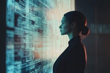 Focused businesswoman analyzing complex data streams on futuristic digital interface, advanced technology concept