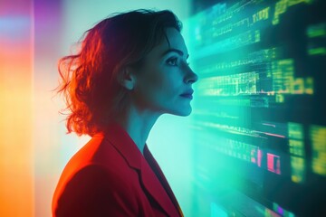 Confident businesswoman analyzing financial data on futuristic digital display with vibrant neon lighting
