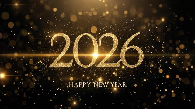 Elegant Happy New Year 2026 Greeting Card with Golden Sparkling Numbers and Luxury Festive Background